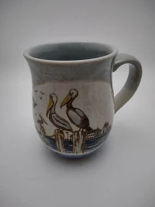 Vintage Otagiri Pelican Coffee Tea Mug Pottery Seashore Ship Blue Grey - Picture 1 of 8