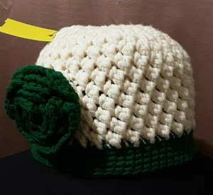  Girls Knitted Handmade Green & White Hat Cap With Flower Cute OZ  - Picture 1 of 5