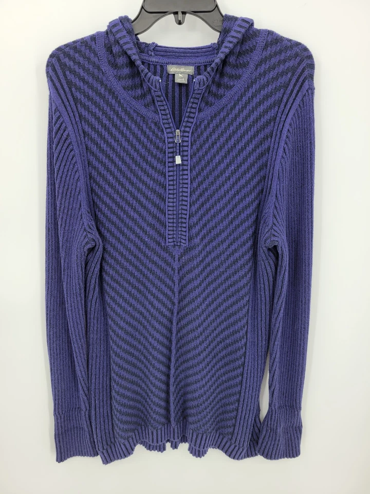 Eddie Bauer Cardigan Sweater Womens Large Blue Black Stripe Hooded Zip Up Chunky - Image 1 of 4