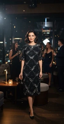 Винтажное женское черное вечернее платье Argenti Notte размер 6 Glamcore шелк бисероплетение - Изображение 1 из 4