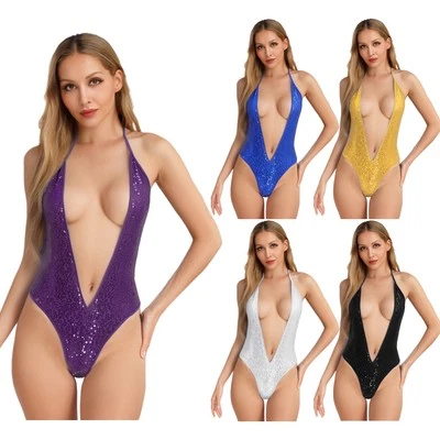 Womens Shiny Sequin Sparkly Sequin One-Piece Swimwear Plunging Backless Bodysuit - Image 1 of 4