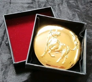 Vtg Mirror Purse Compact Taurus Bull 3D One Sided NOS Gold Tone Zodiac w Box  - Picture 1 of 10