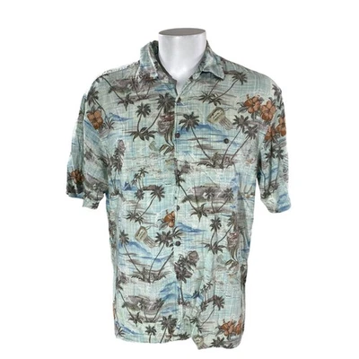 Camisa Campia Moda Hawaiana Aloha XL Palmeras Floral Tropical Flores Verde Azul Foto 1 de 4