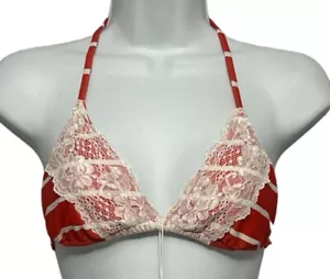 RARE NEW BEACH BUNNY BIKINI THE TRI TOP LADY LACE RED STRIPED MEDIUM TOP $110 - Picture 1 of 5