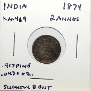 Indien 1874 Silber 2 Annas (leicht gebogen) KM469 - Bild 1 von 2