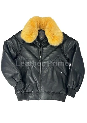 Men V-Bomber Puffer Double Goose Real Sheep Leather Jacket Faux Fur Collar Coat - Image 1 of 4