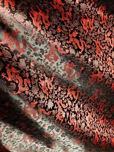 1 Meter Red/Black Chinese Dragon Design Brocade Fabric 45” Wide Oriental - Picture 1 of 2