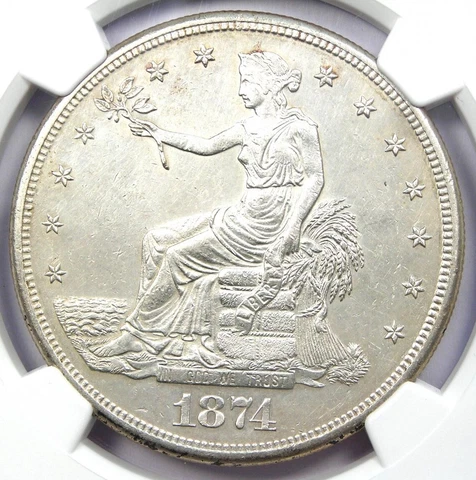 1874-S Trade Silver Dollar T$1 Coin - Certified NGC Uncirculated Detail (UNC MS) Cover