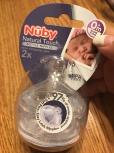 NUBY 2pc NATURAL TOUCH BOTTLE NIPPLES 0m+ Slow Flow Ships N 24h - Picture 1 of 2