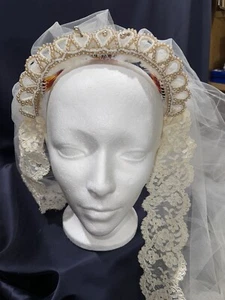 Vintage 1940s Alencon Lace Trimmed Tulle Long Wedding Veil Head Piece Faux Pearl - Picture 1 of 10