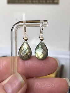 14K Natural Labradorite Earrings Briolette Handmade FIERY GOLDEN TEAL FLASH - Picture 1 of 9