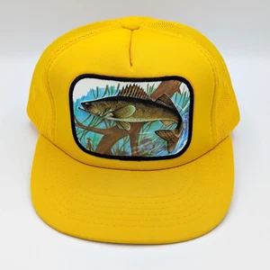 Vintage Snapback 1980s 3D Walleye Pickerel Fish Trucker Hat Cap Yellow Mesh RARE - Picture 1 of 7