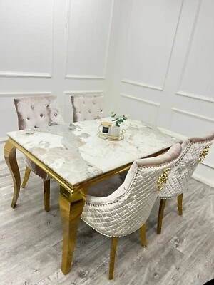 White And Gold Louis Marble Dining Table 1.5 M Table With 4 Chairs - Image 1 of 2