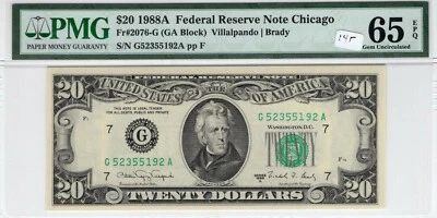 $20 1988A FRN Fr# 2076-G GA Block PMG Gem UNC 65 EPQ Chicago Villalpando Brady - Image 1 of 2