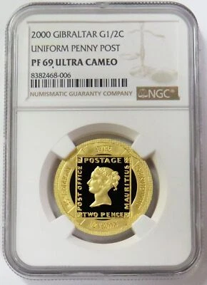2000 GOLD GIBRALTAR 1/2 CROWN UNIFORM PENNY POST NGC PROOF 69 ULTRA CAMEO - Image 1 of 2