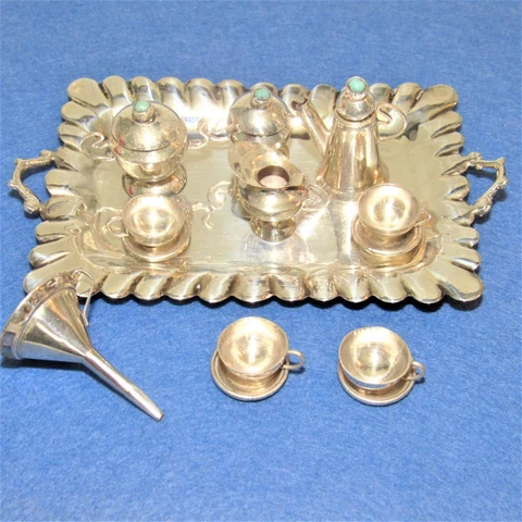 Vintage Sterling Silver & Turquoise DOLL HOUSE MINIATURE 14 Pc TEA SET Mexican Cover