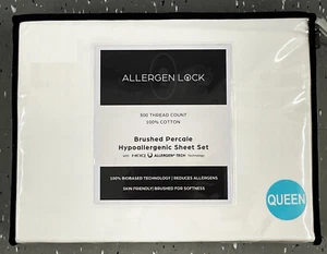 Allergen Lock Queen Brushed Percale Hypoallergenic 100% Cotton White Sheet Set - Picture 1 of 5