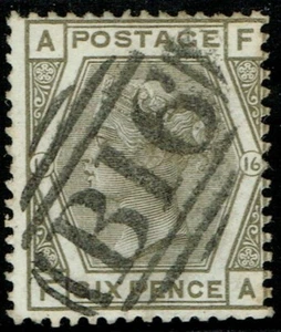 1873 6d Grey SG 146 Pl 16 FA Rare TPO Cancel 'B16' Plymouth-Bristol Fine Used - Picture 1 of 1