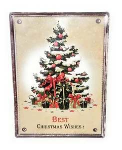 Targa "Best Christmas Wishes" Metallo Multicolore Metallo Targa Latta Natale - Foto 1 di 1
