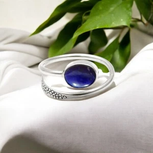 Anillo étnico con bisel de plata maciza 925 piedra lapislázuli ovalada de septiembre - Imagen 1 de 8