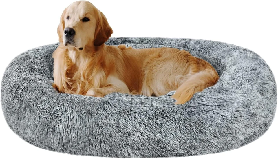 Cama ovalada calmante para donas abrazadoras para perros, peluda imitación piel gato cama lavable almohada redonda P Foto 1 de 4