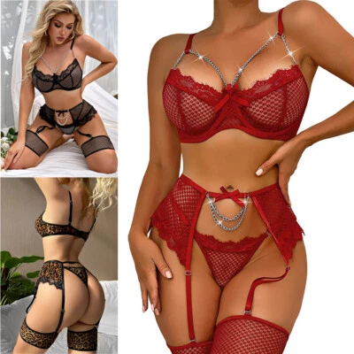 Womens Eyelash Lace Lingerie Fishnet Babydoll Sexy 5 Piece Bra Panty&Thigh Bands - Image 1 of 4