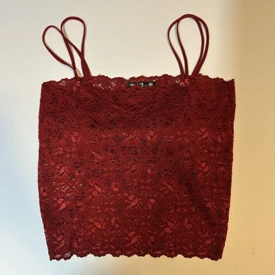 Vintage Y2K 5•7•9 Stretch Lace Tank Top Red Wine Floral Cropped Sz S NOS - Image 1 of 4
