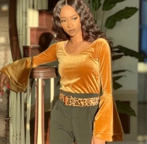 Torn Ronny Kobo Mimi Sabrina Velour VELVET BELL SLEEVE CROP Blouse Sz M Witchy - Bild 1 von 18