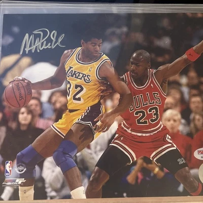 MAGIC JOHNSON SIGNED 8X10 PHOTO WITH MICHAEL JORDAN PICTURED - PSA COA - Image 1 of 2