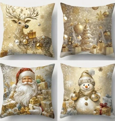 Juego de 4 fundas de almohada navideñas con tema dorado con cierre de cremallera SOLO 18x18" Foto 1 de 4