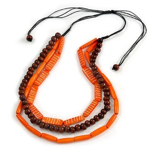 Collar de cordón de cuentas de madera en capas de 3 hilos en naranja/marrón - 44 cm hasta 56 cm - Imagen 1 de 6