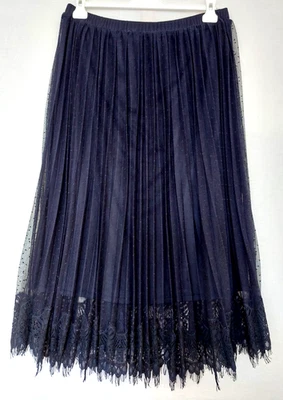 FALDA 18 Azul Marino Forrada Plisada Bordada Encaje Dobladillo Estilo Tirar Largo Medio Foto 1 de 4