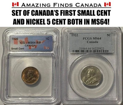 RARE SET OF 1920 & 1922 Canada 1 Cent Penny & 5 Cent Nickel in MS64! ICG & PCGS! - Image 1 of 4