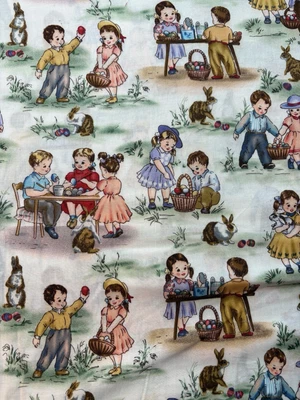Vintage Retro Children Easter Bunny eggs Scenic Cotton Fabric by the yd - Image 1 of 4
