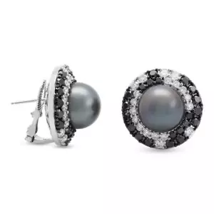 Increíbles pendientes de halo de zirconio gris perla de agua dulce con blanco y negro - Imagen 1 de 3
