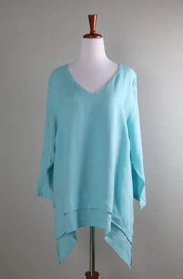 Top túnica asimétrica LA FIXSUN $90 azul liso 100 % lino cuello en V talla pequeña Foto 1 de 4