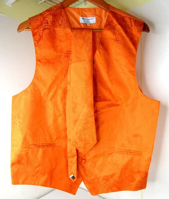 Vesuvio Napoli Italy Orange Vest + Tie Paisley Formal Suit Bright Size Large - Image 1 of 4