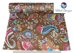 Floral Indian Hand Block Running 100% Cotton Brown Fabric 5 Yard - Picture 1 of 5