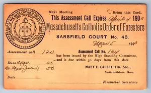 Postal Card Massachusetts Catholic Order of Foresters Assessment Call March 1900 - Picture 1 of 2