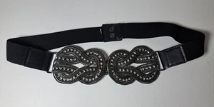 BCBG Maxazria Womens Black Embellished Rhinestone Stretch Belt Snap Closure Sz S - Picture 1 of 2