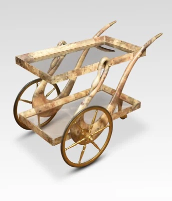 Aldo Tura Goatskin Bar Cart | Vintage Italian Brass & Glass Drinks Trolley - Image 1 of 4