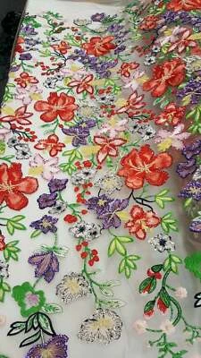 Multicolor Hand Beaded Lace Floral Flowers Embroidered Red Purple Green By Yard - Image 1 of 4