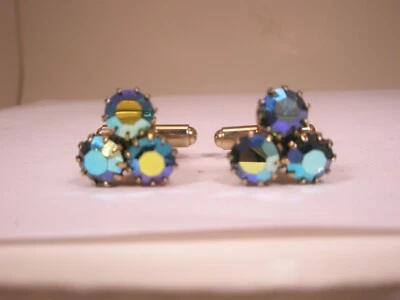 Women's Blue Rhinestone Gold Tone Vintage TINY SMALL Cuff Links simple design - Image 1 of 4