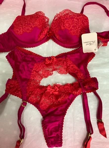 Agent Provocateur 34A padded bra thong suspender belt pink silk red lace Novah - Picture 1 of 8