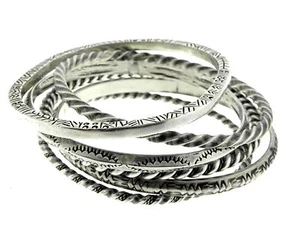 Six Sterling Silver Bohemian Twisted Patterned Stamped Stackable Bangles - Picture 1 of 11