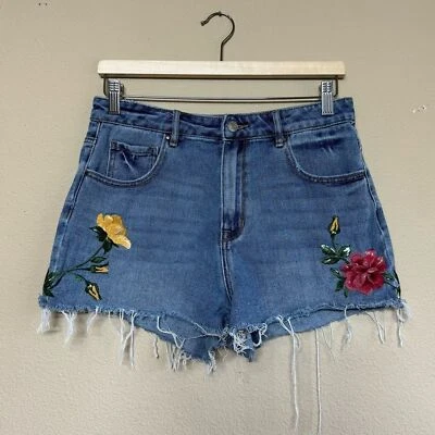 Pacsun Pantalones Cortos Mujer 26 100% Algodón Bordado Floral Alto Tiro Denim Azul Foto 1 de 4