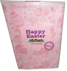 PASCUA ~ Mantel de vinilo ~ Conejo de Pascua y silueta de huevo ~ 52" x 52" ~ ROSA - Imagen 1 de 1