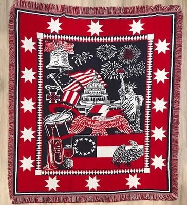 AMERICA'S 250th B-DAY LADY LIBERTY BELL EAGLE USA STARS RED/WH/BLUE FRINGE THROW - Image 1 of 4