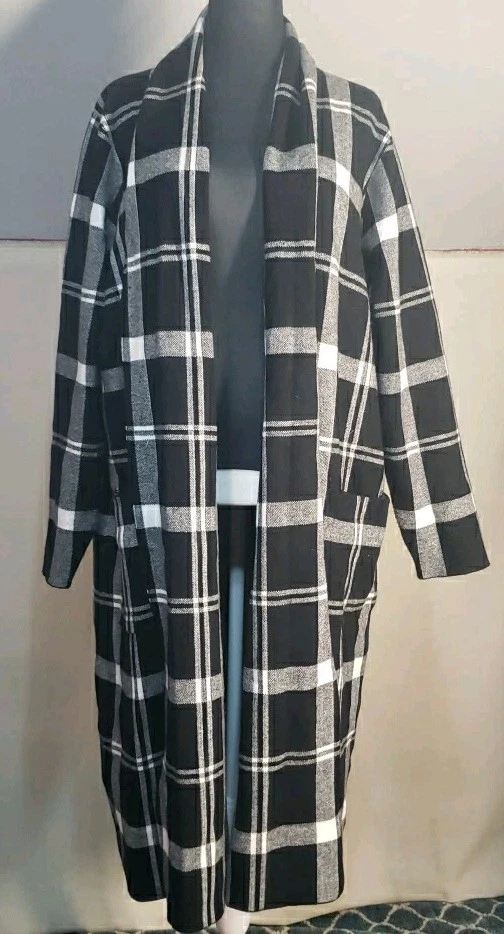Adrienne Vittadini Women's Plus 2X Black White Plaid Open Long Cardigan Pockets  - Image 1 of 4