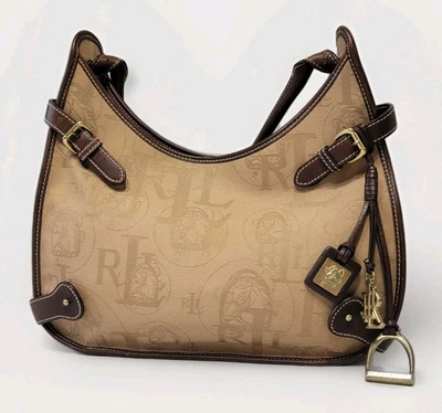 Cartera de Hombro Ecuestre Ralph Lauren Doble RL Supply RLL Lona Cuero Foto 1 de 4